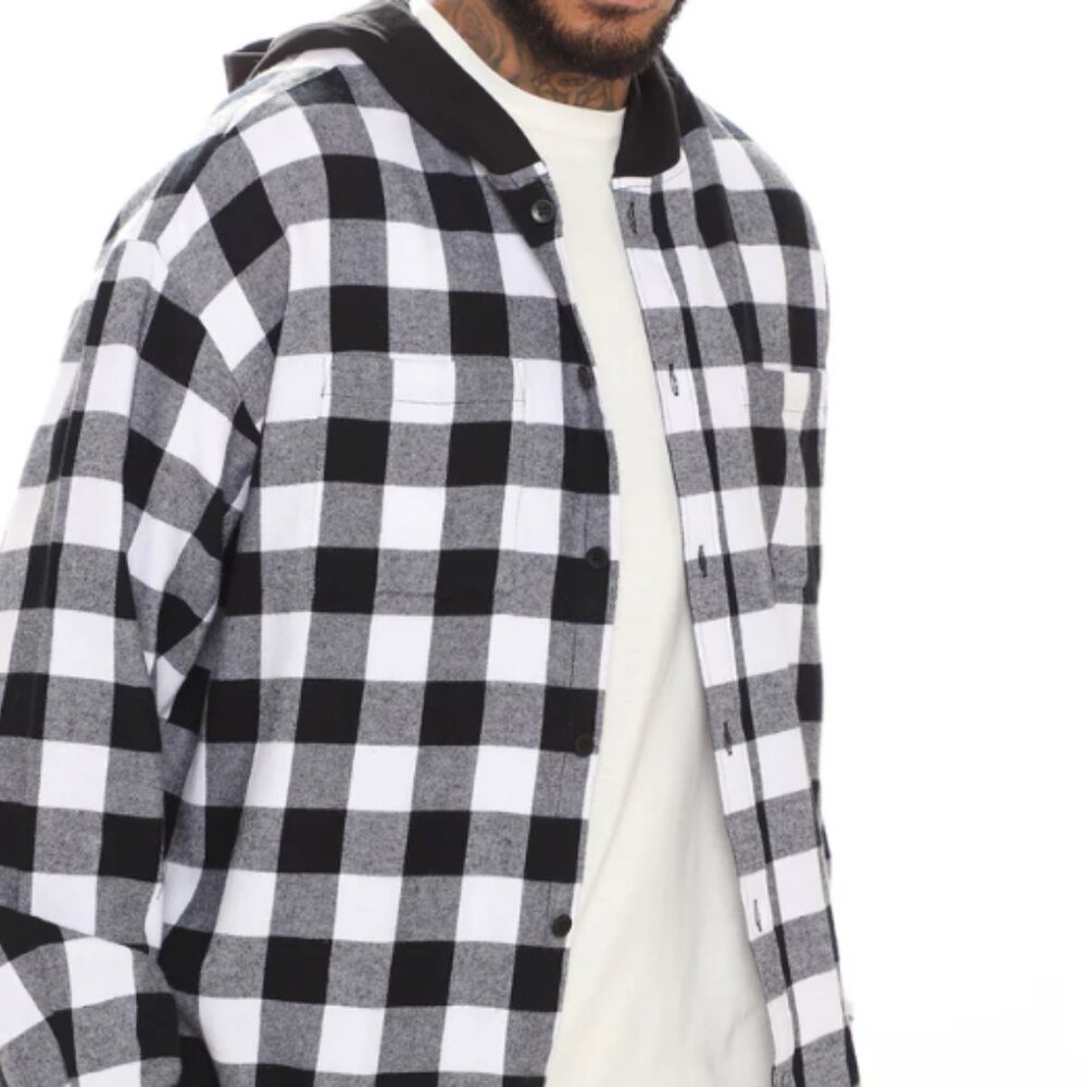 Black and White Checkered Button-Up Shirt w hood 3X